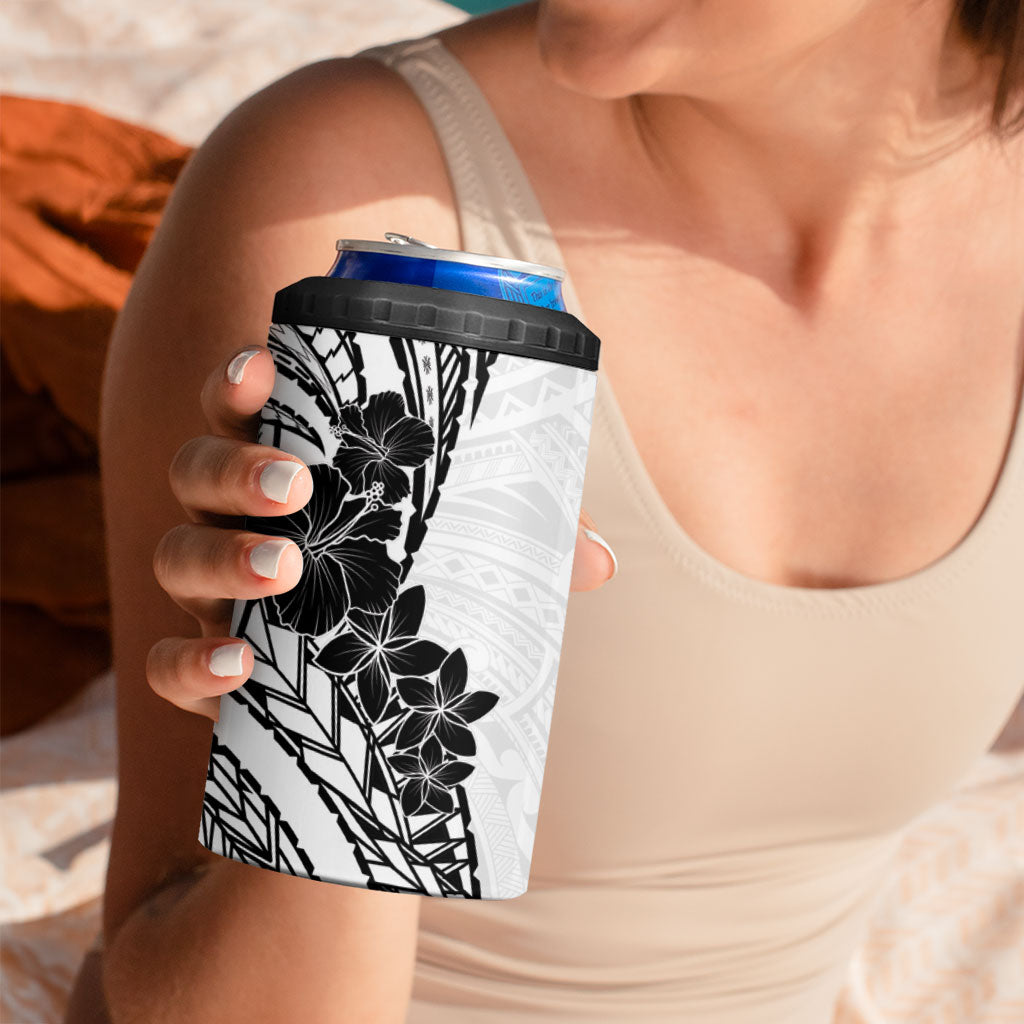 Black White Polynesia Tropical Flowers 4 in 1 Can Cooler Tumbler