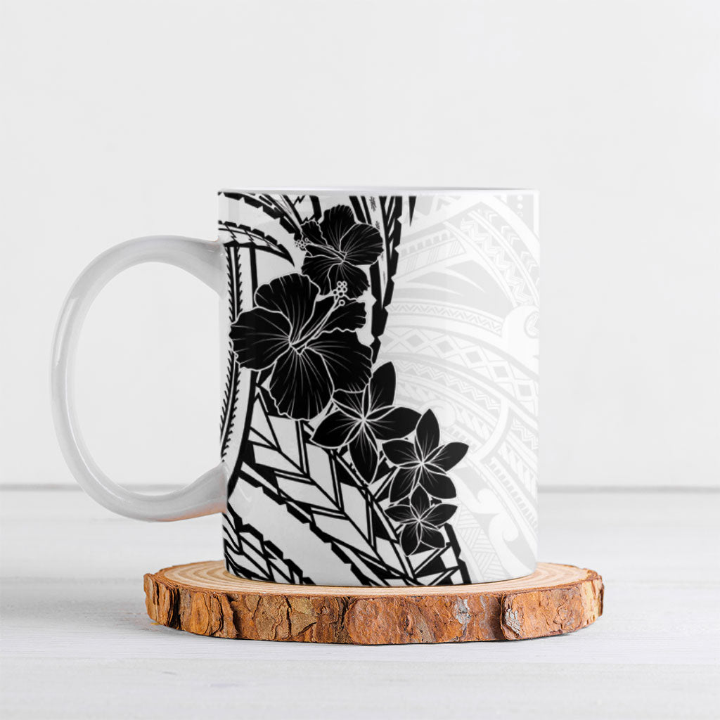 Black White Polynesia Tropical Flowers Ceramic Mug