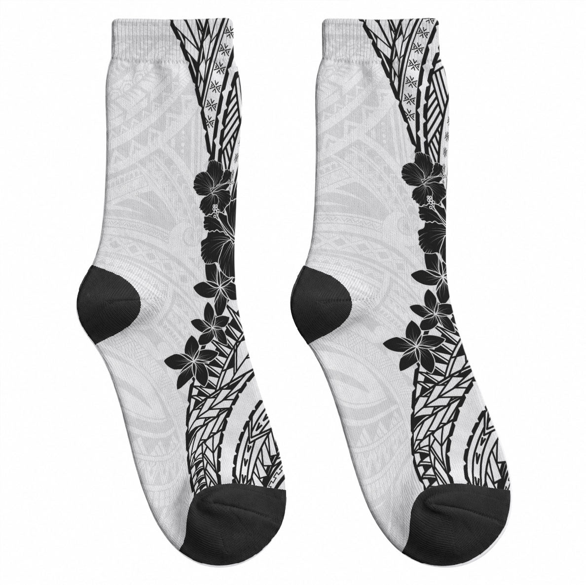 Black White Polynesia Tropical Flowers Crew Socks LT14 - Polynesian Pride