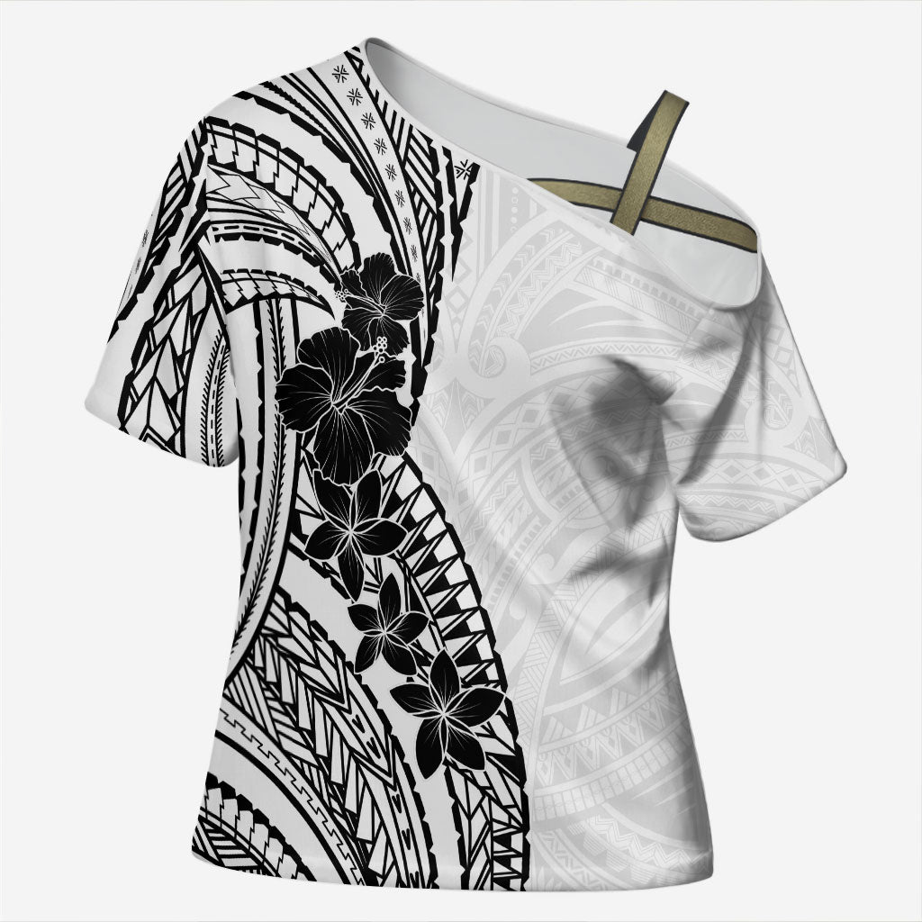 Black White Polynesia Tropical Flowers Cross Shoulder Shirt LT14 Female White - Polynesian Pride