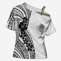Black White Polynesia Tropical Flowers Cross Shoulder Shirt LT14 Female White - Polynesian Pride