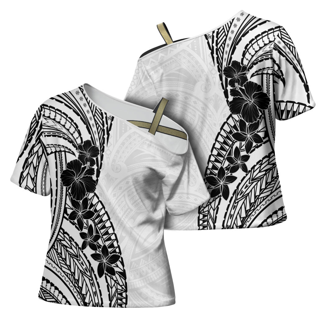Black White Polynesia Tropical Flowers Cross Shoulder Shirt LT14 - Polynesian Pride