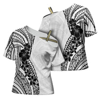Black White Polynesia Tropical Flowers Cross Shoulder Shirt LT14 - Polynesian Pride
