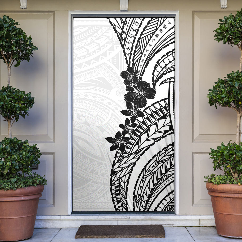 Black White Polynesia Tropical Flowers Door Cover LT14 White - Polynesian Pride