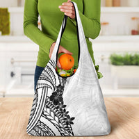 Black White Polynesia Tropical Flowers Grocery Bag