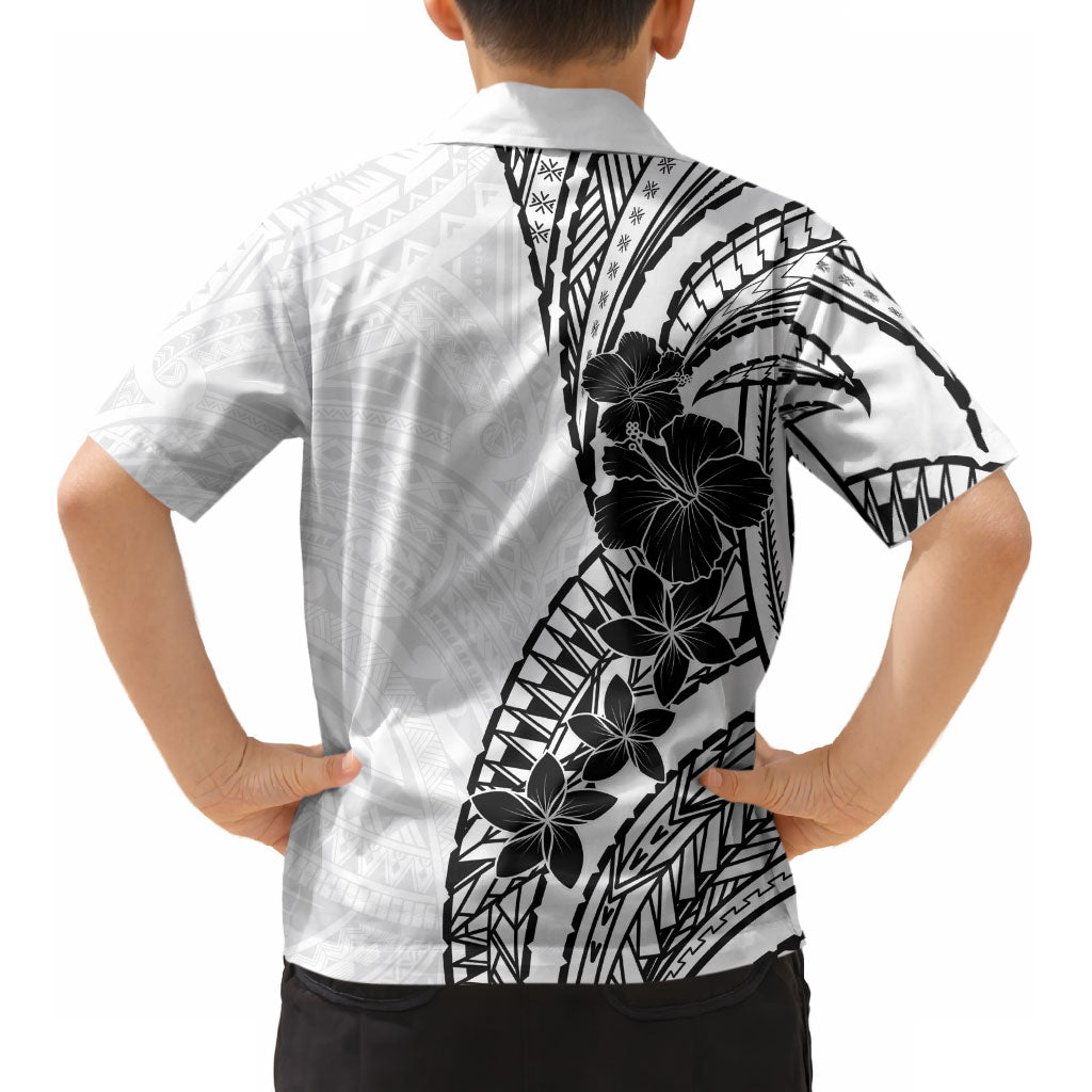 Black White Polynesia Tropical Flowers Kid Hawaiian Shirt