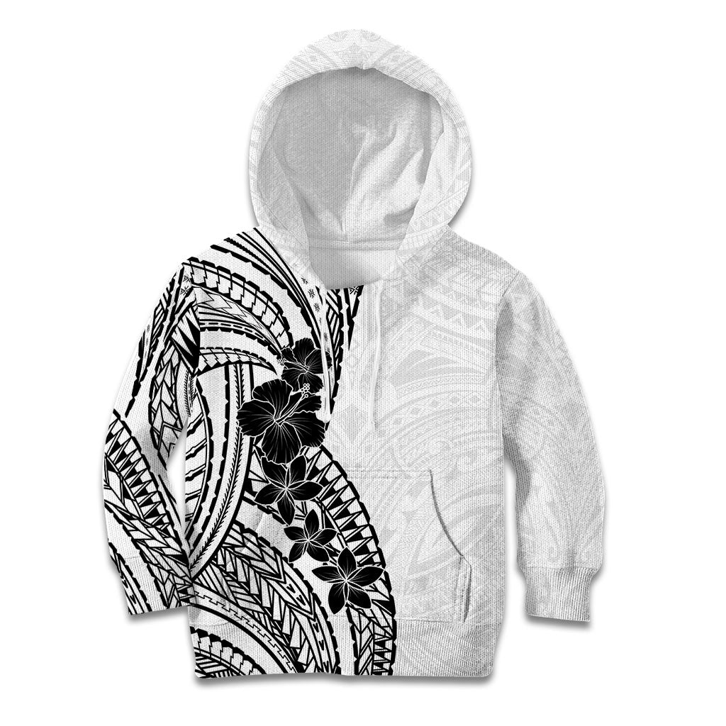 Black White Polynesia Tropical Flowers Kid Hoodie LT14 Hoodie White - Polynesian Pride