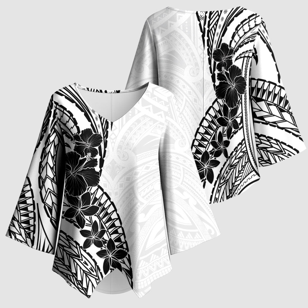 Black White Polynesia Tropical Flowers Kimono Sleeve Blouse LT14 - Polynesian Pride