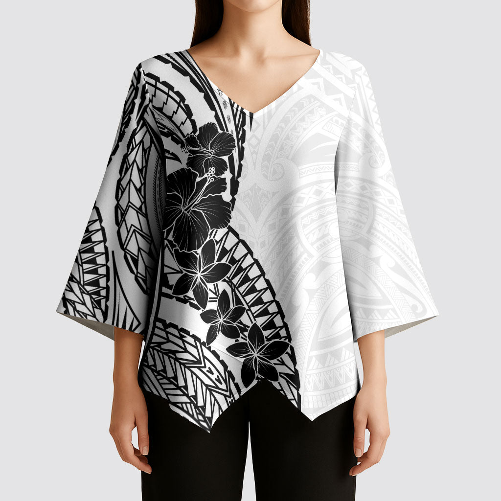 Black White Polynesia Tropical Flowers Kimono Sleeve Blouse LT14 - Polynesian Pride