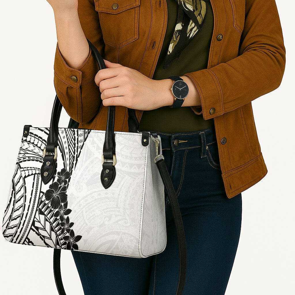Black White Polynesia Tropical Flowers Leather Bag LT14 - Polynesian Pride
