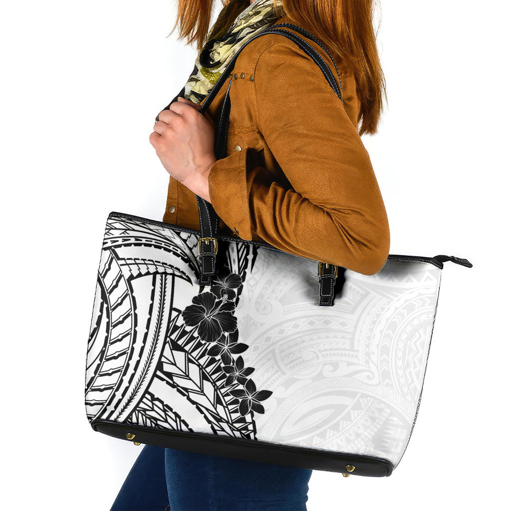 Black White Polynesia Tropical Flowers Leather Tote Bag LT14 White - Polynesian Pride