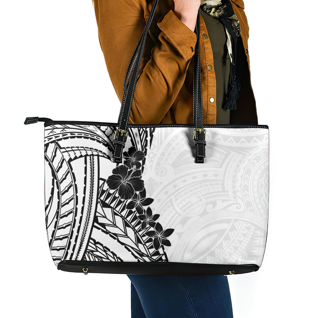 Black White Polynesia Tropical Flowers Leather Tote Bag LT14 - Polynesian Pride