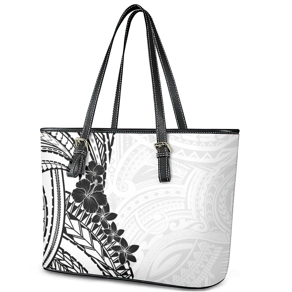 Black White Polynesia Tropical Flowers Leather Tote Bag LT14 - Polynesian Pride