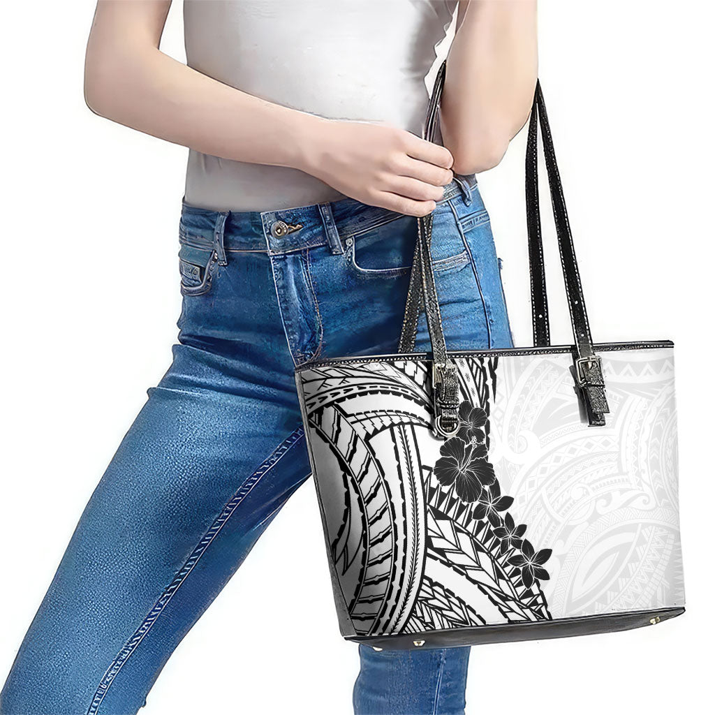 Black White Polynesia Tropical Flowers Leather Tote Bag LT14 - Polynesian Pride
