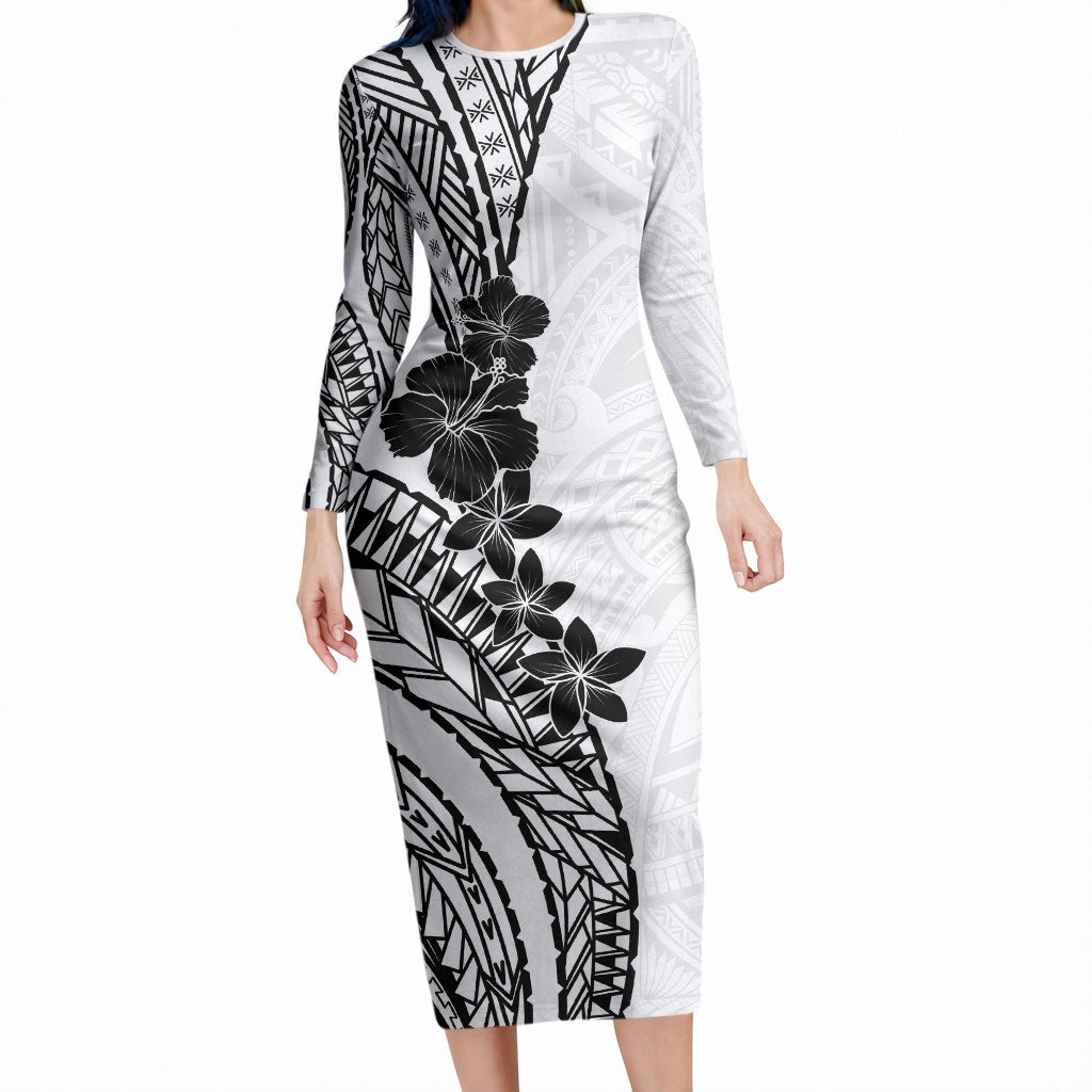Black White Polynesia Tropical Flowers Long Sleeve Bodycon Dress LT14 Long Dress White - Polynesian Pride