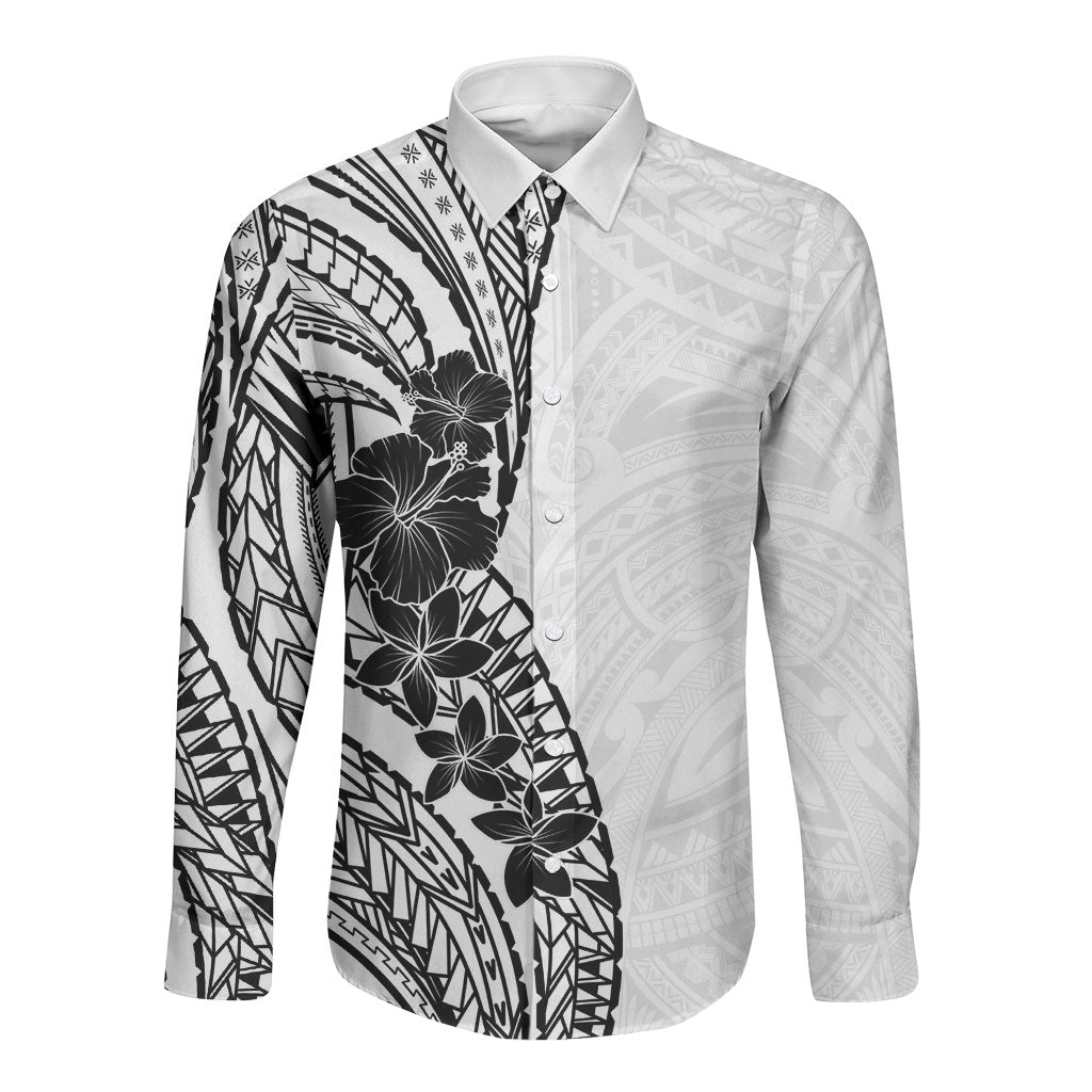 Black White Polynesia Tropical Flowers Long Sleeve Button Shirt LT14 Unisex White - Polynesian Pride