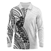 Black White Polynesia Tropical Flowers Long Sleeve Polo Shirt