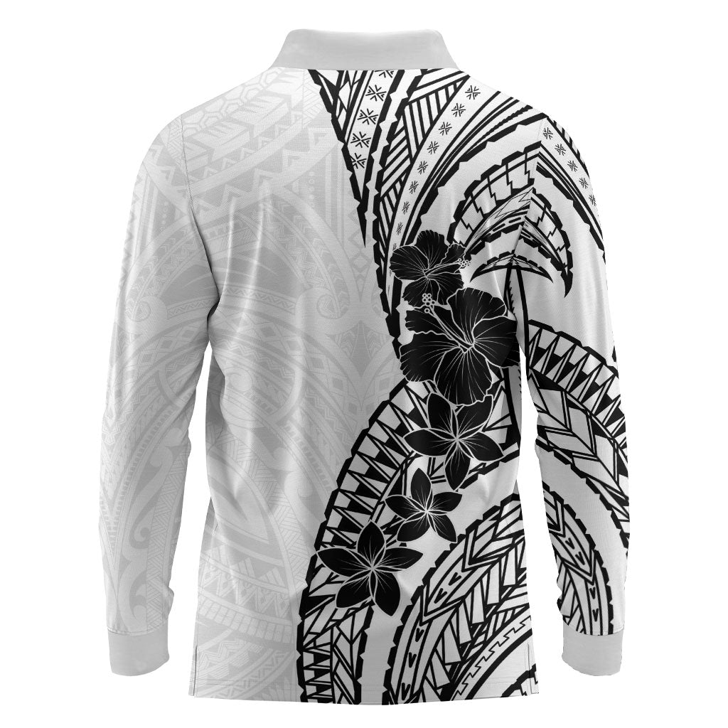 Black White Polynesia Tropical Flowers Long Sleeve Polo Shirt