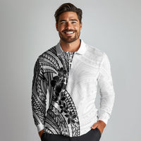 Black White Polynesia Tropical Flowers Long Sleeve Polo Shirt