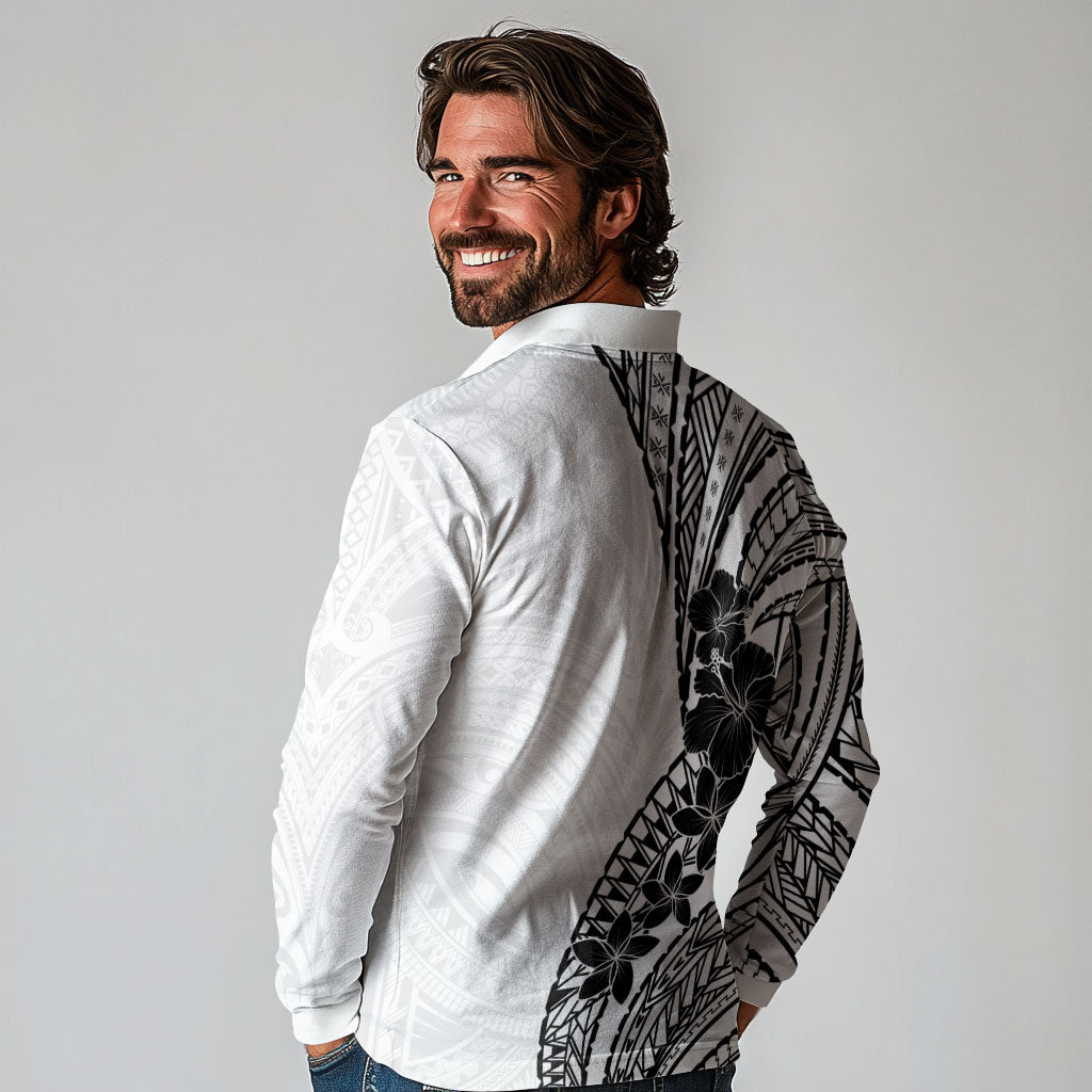 Black White Polynesia Tropical Flowers Long Sleeve Polo Shirt