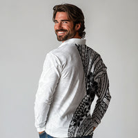 Black White Polynesia Tropical Flowers Long Sleeve Polo Shirt