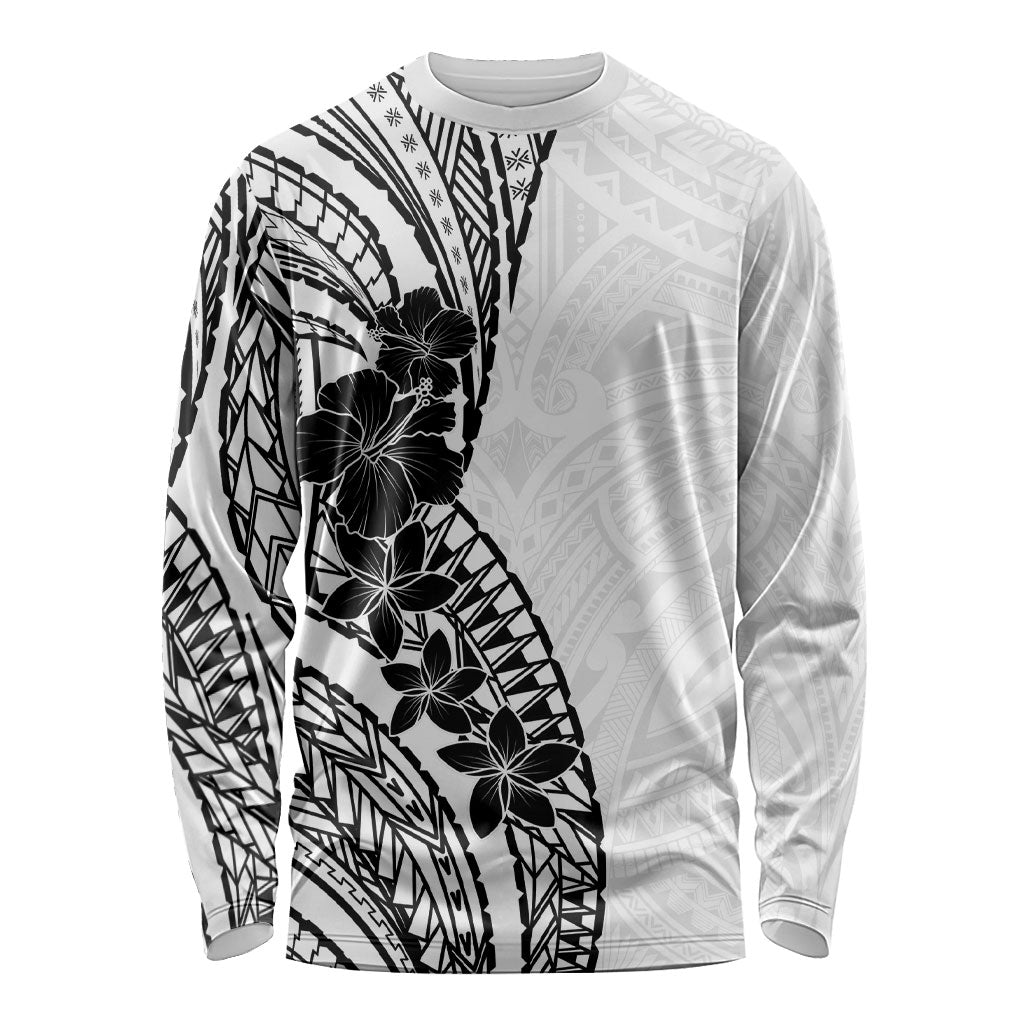 Black White Polynesia Tropical Flowers Long Sleeve Shirt LT14 Unisex White - Polynesian Pride