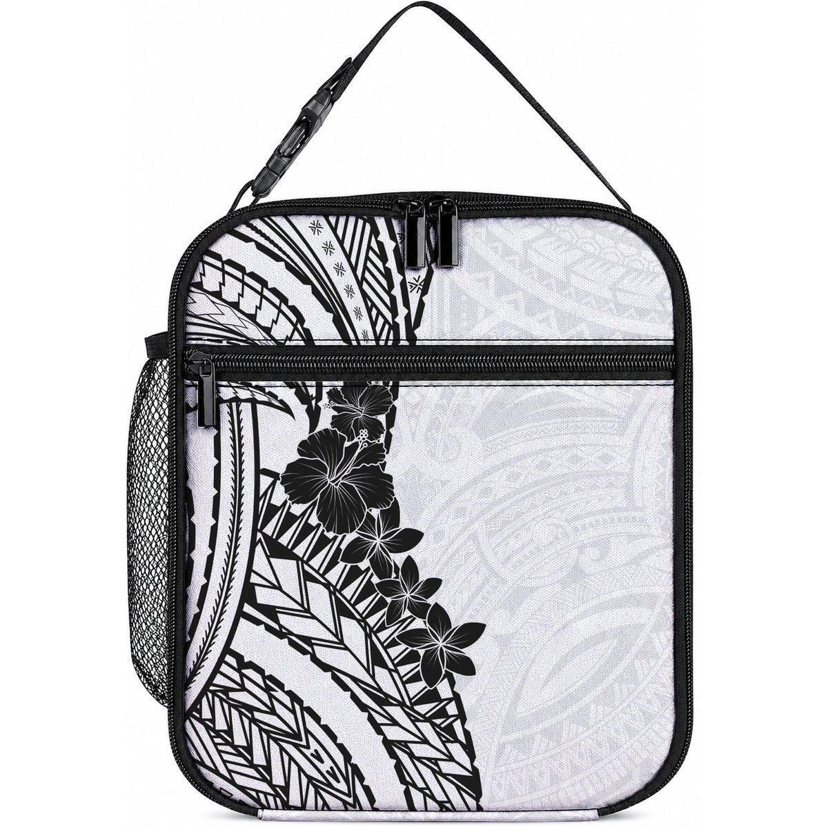Black White Polynesia Tropical Flowers Lunch Bag LT14 10.2 × 8.3 × 4.3 inch White - Polynesian Pride