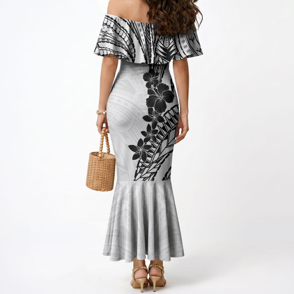 Black White Polynesia Tropical Flowers Mermaid Dress