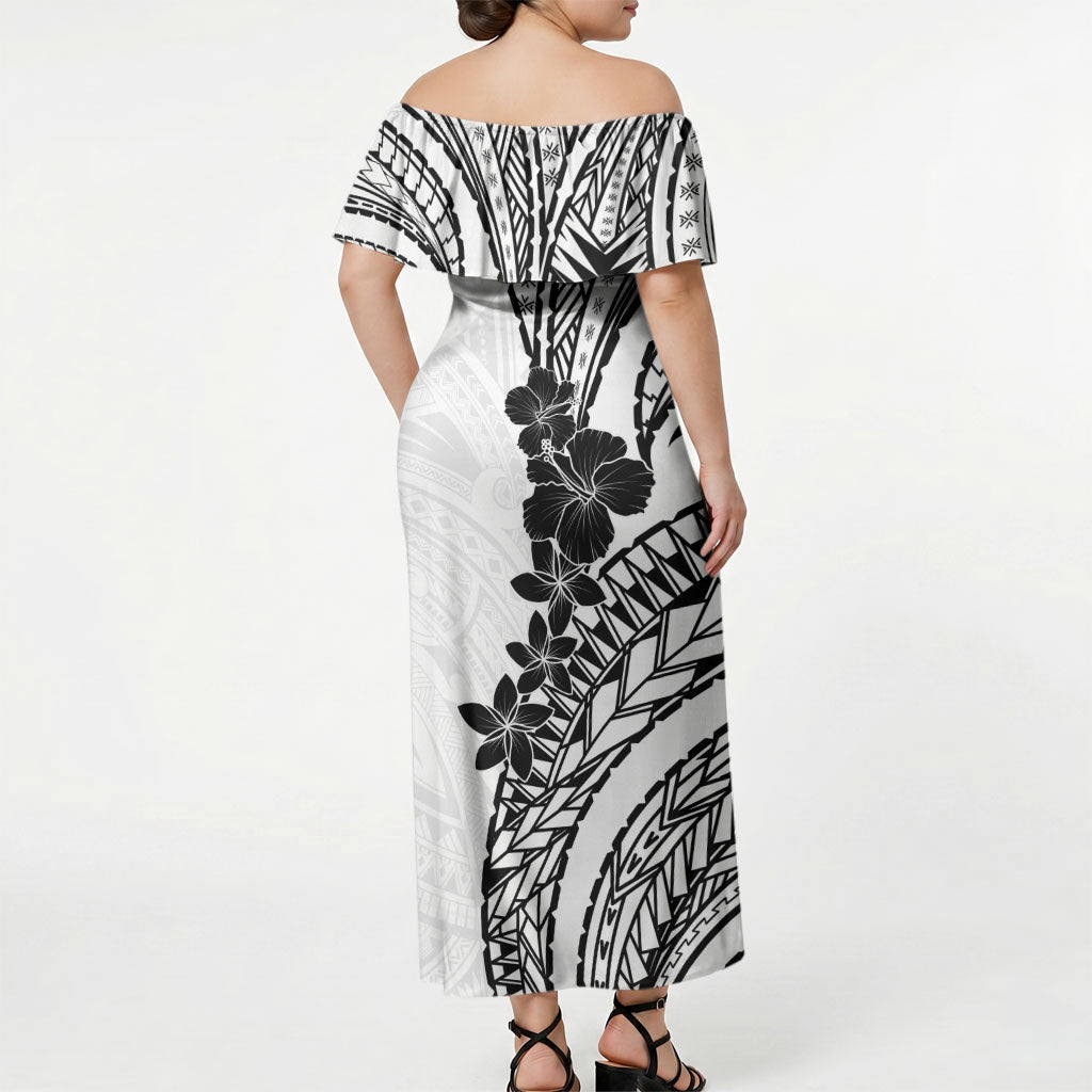 Black White Polynesia Tropical Flowers Off Shoulder Maxi Dress LT14 - Polynesian Pride