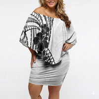 Black White Polynesia Tropical Flowers Off Shoulder Short Dress