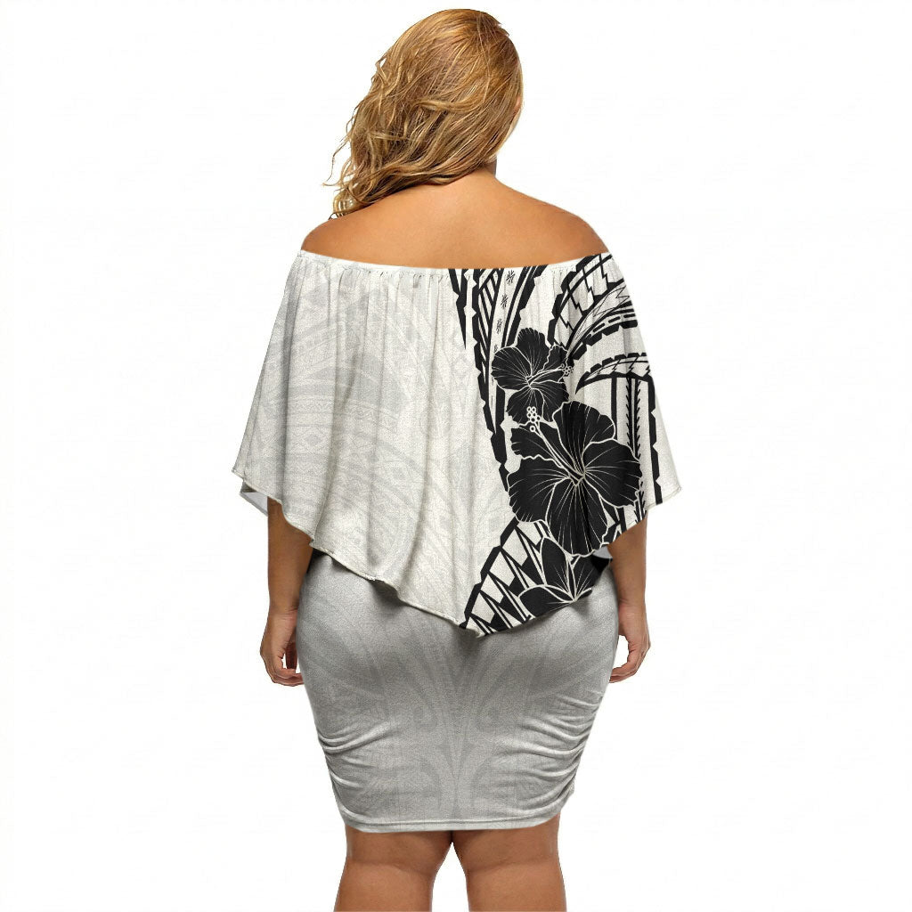 Black White Polynesia Tropical Flowers Off Shoulder Short Dress