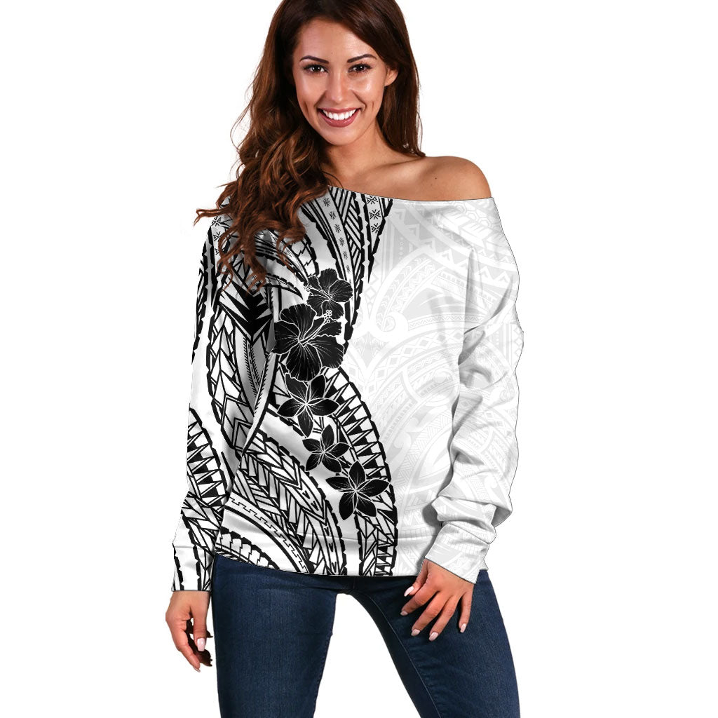 Black White Polynesia Tropical Flowers Off Shoulder Sweater LT14 Women White - Polynesian Pride