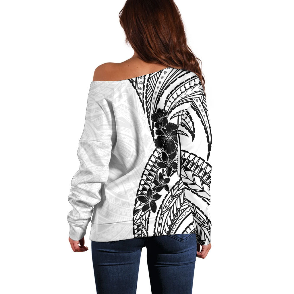 Black White Polynesia Tropical Flowers Off Shoulder Sweater LT14 - Polynesian Pride