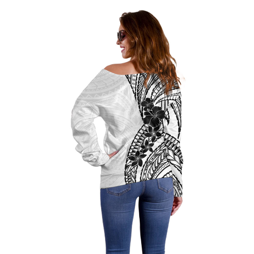 Black White Polynesia Tropical Flowers Off Shoulder Sweater LT14 - Polynesian Pride