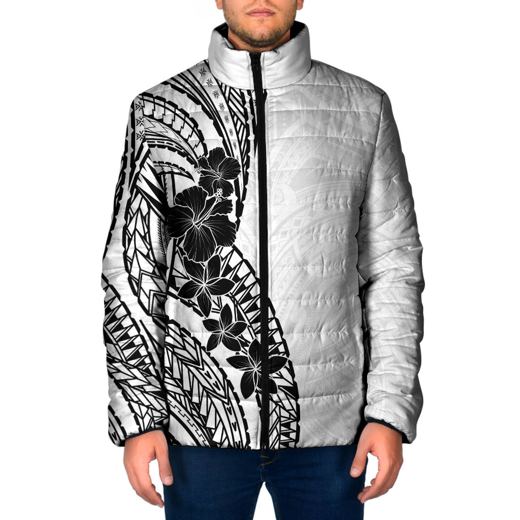 Black White Polynesia Tropical Flowers Padded Jacket LT14 Men White - Polynesian Pride