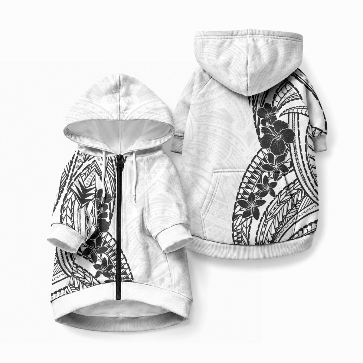 Black White Polynesia Tropical Flowers Pet Hoodie LT14 Zip-up White - Polynesian Pride