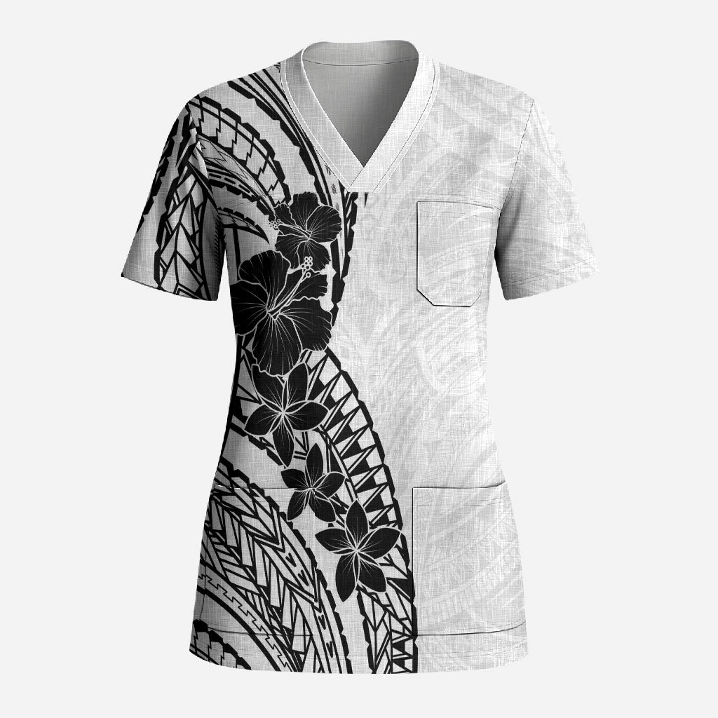Black White Polynesia Tropical Flowers Scrub Top