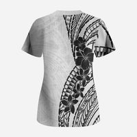 Black White Polynesia Tropical Flowers Scrub Top