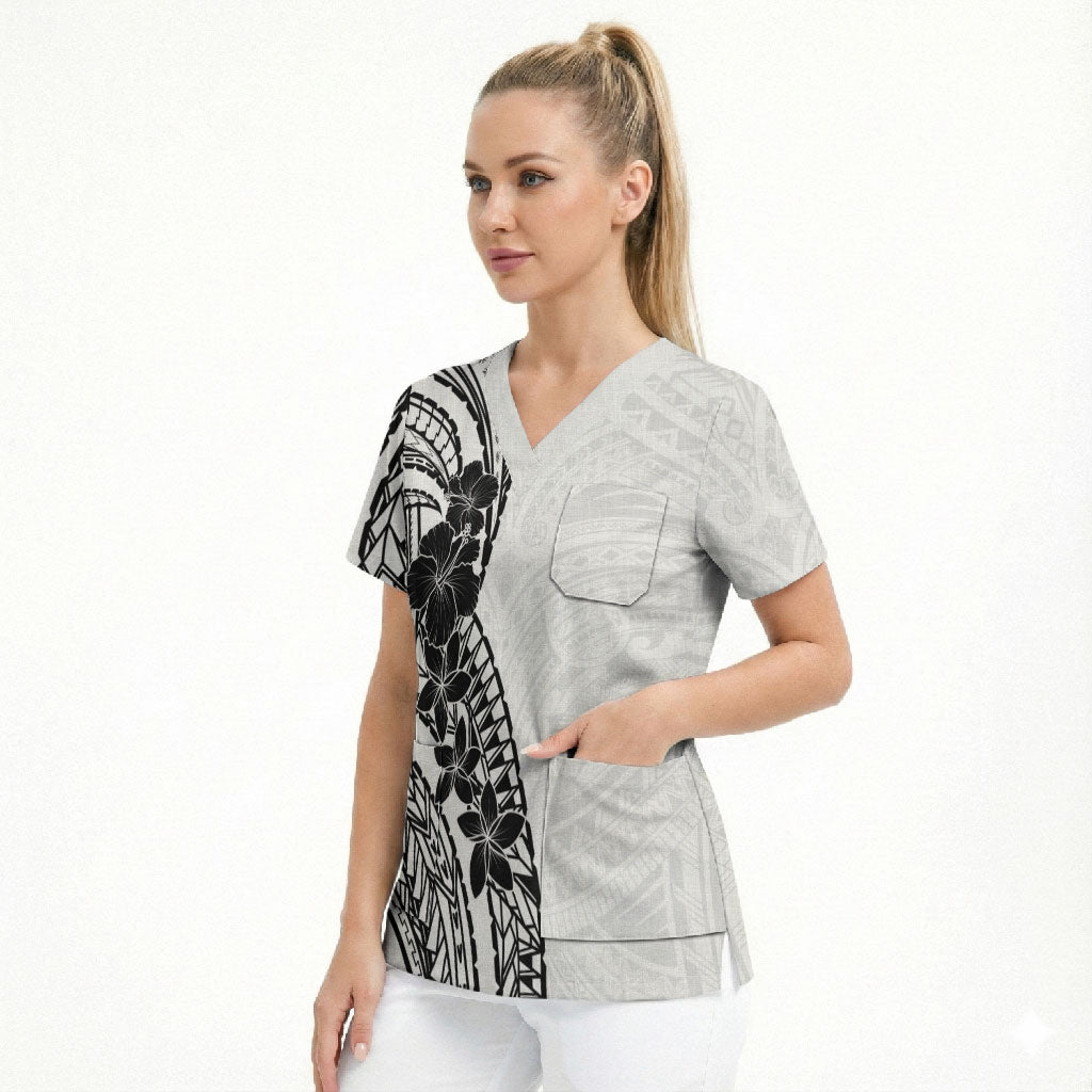 Black White Polynesia Tropical Flowers Scrub Top