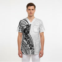 Black White Polynesia Tropical Flowers Scrub Top