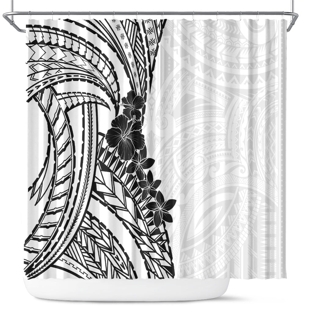 Black White Polynesia Tropical Flowers Shower Curtain