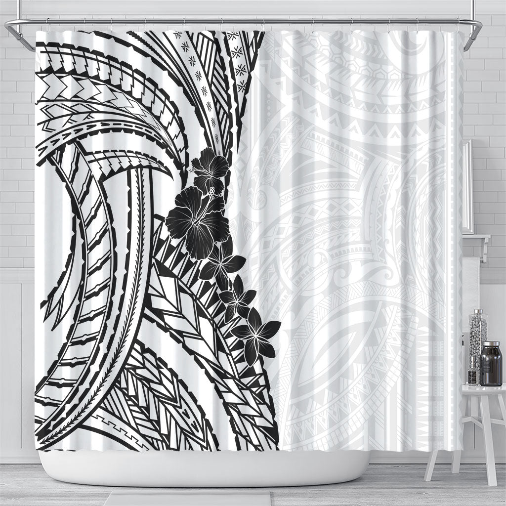 Black White Polynesia Tropical Flowers Shower Curtain