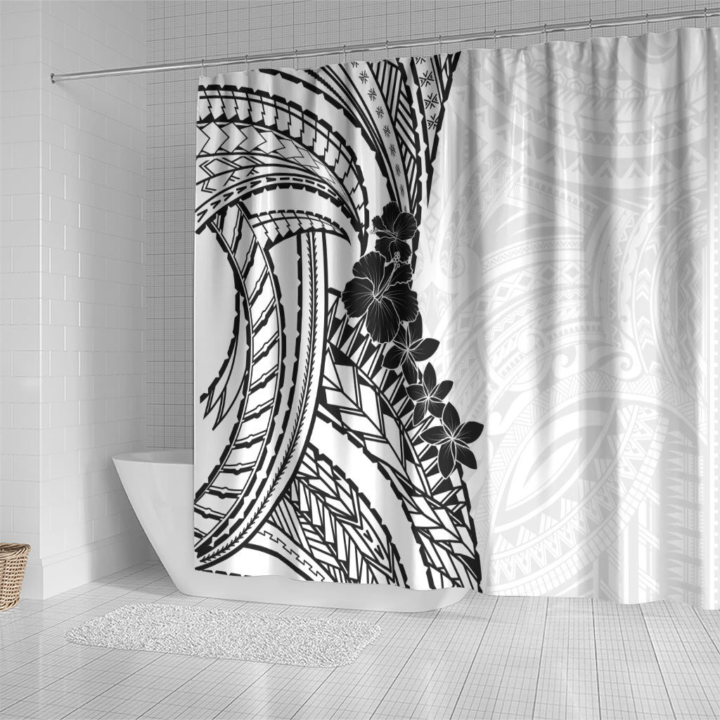 Black White Polynesia Tropical Flowers Shower Curtain