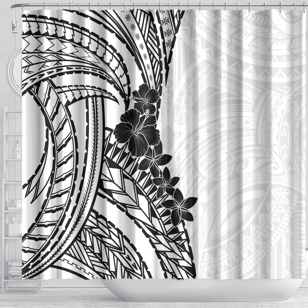 Black White Polynesia Tropical Flowers Shower Curtain