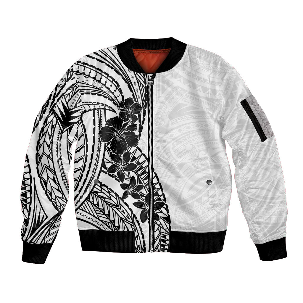 Black White Polynesia Tropical Flowers Sleeve Zip Bomber Jacket
