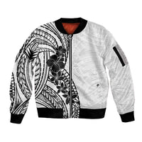 Black White Polynesia Tropical Flowers Sleeve Zip Bomber Jacket