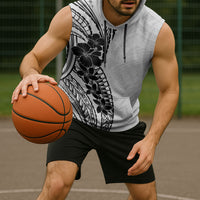 Black White Polynesia Tropical Flowers Sleeveless Hoodie