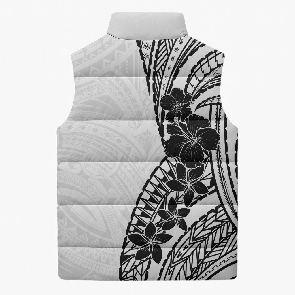 Black White Polynesia Tropical Flowers Sleeveless Puffer Jacket LT14 - Polynesian Pride