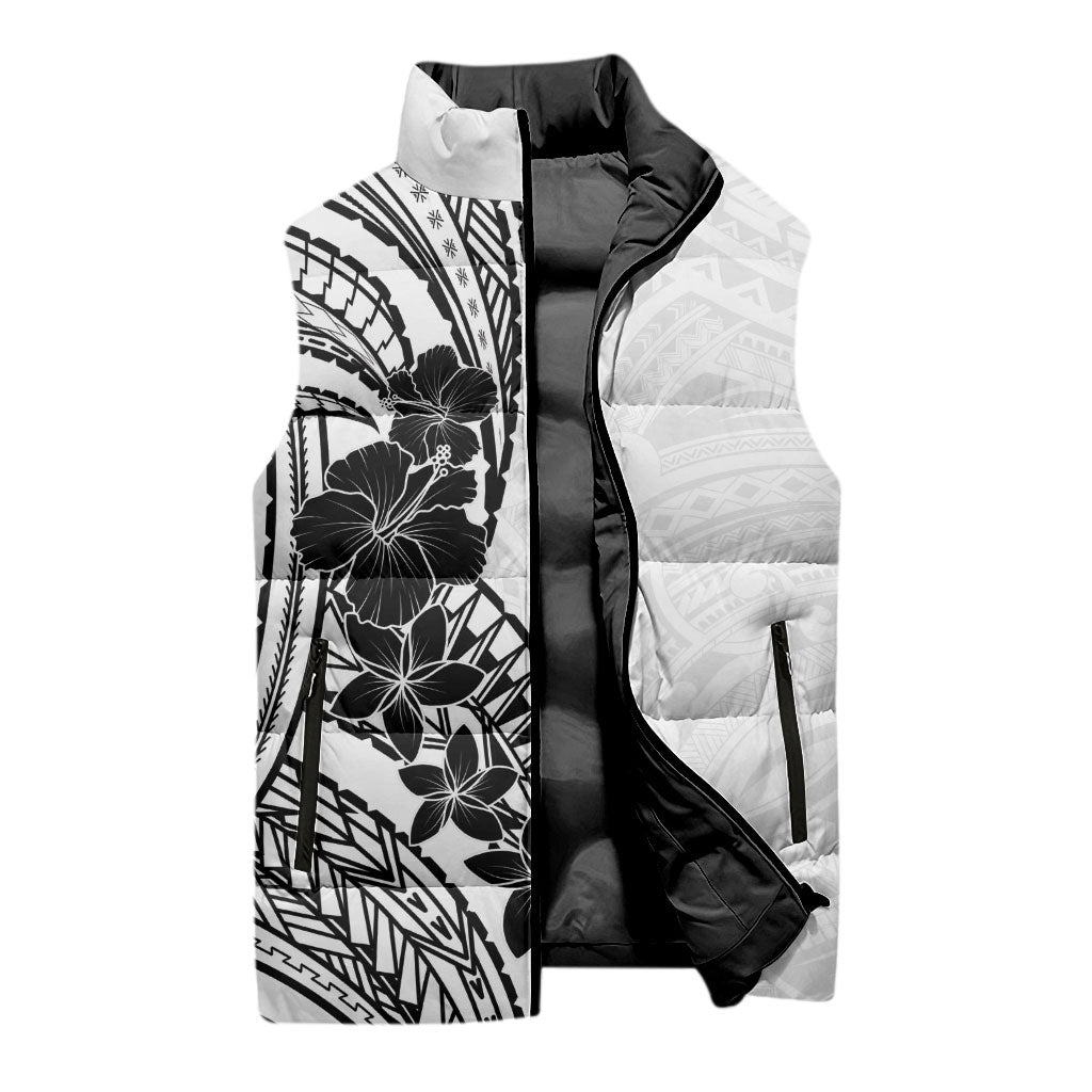 Black White Polynesia Tropical Flowers Sleeveless Puffer Jacket LT14 - Polynesian Pride