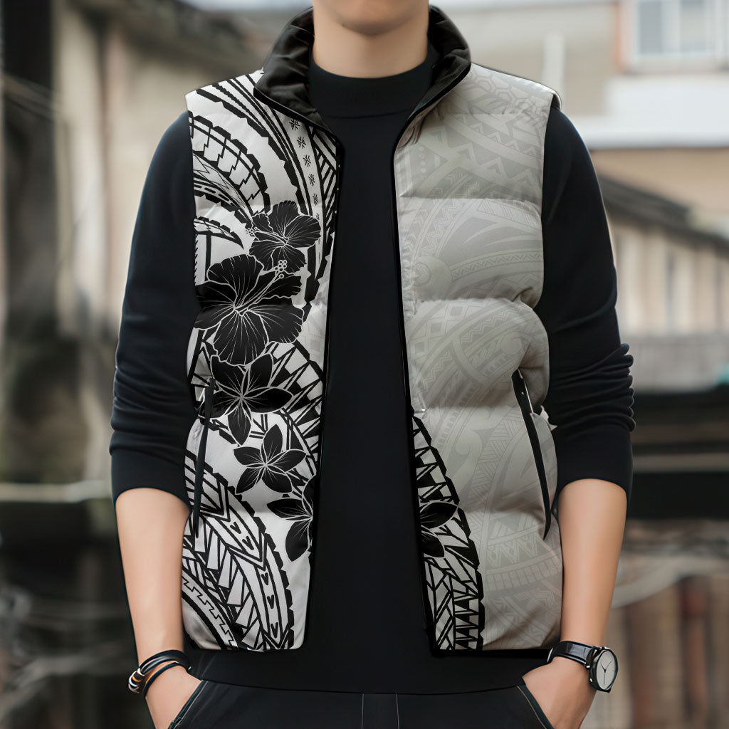Black White Polynesia Tropical Flowers Sleeveless Puffer Jacket LT14 - Polynesian Pride